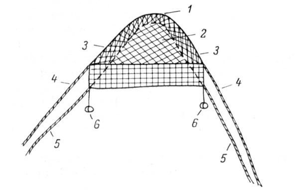 Рис. 6. Речной семужий поезд. 1 - верхняя сеть («верхница»); 2 — нижняя сеть («нижница»); 3 — боковая сеть («сяга»); 4 — веревка верхницы; 5 — веревка нижницы; 6 — грузила нижницы («пунды»).