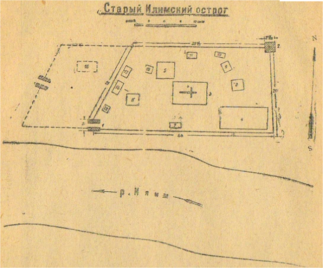 Сплошными линями показаны постройки, возведённые до 1645 года; пунктиром — постройки 1649-1650 годов.