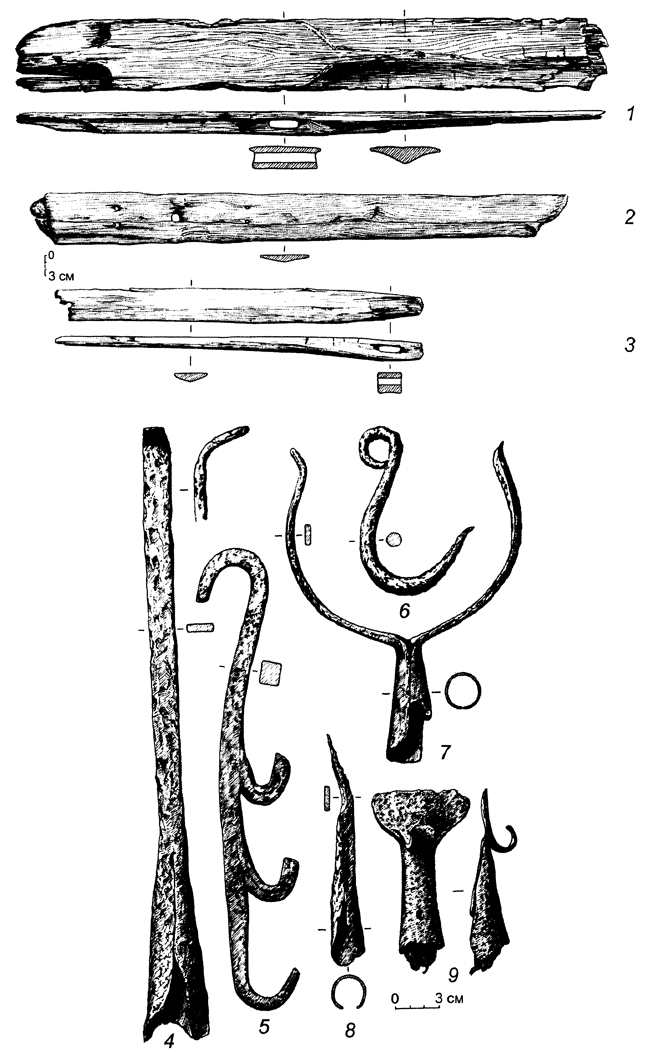 Рис. 41. Предметы материальной культуры русских поморов на Шпицбергене 1 -  лыжа; 2, 3 - делали нарт; 4, 8 - кочерги; 5 - крюк очажный; 6 - крюк подвесной; 7 - ухват; 9 - чапельник