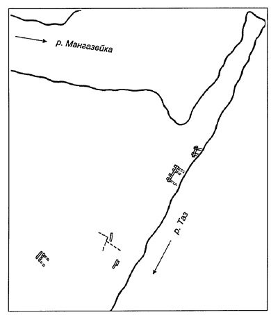 Рис. 15. Остатки Тазовского городка (по: Белов М.И., Овсянников О.В., Старков В.Ф., 1980)