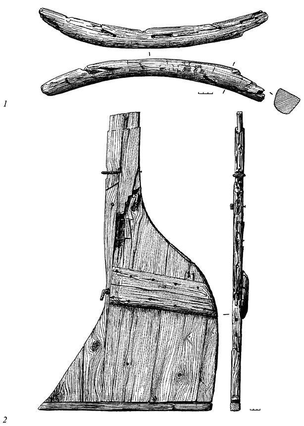 Рис. 33. Детели карбасов с архипелага Шпицберген. 1 - часть шпангоута (поселение Греашен); 2 - руль (поселение Трюгхамна)