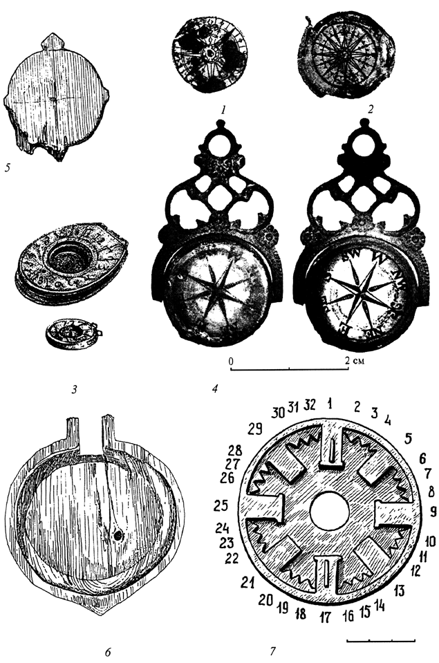 Рис. 35. Компасы. 1, 2 - катушка (полуостров Таймыр); 3 - солнечные часы-компасы (Мангазея); 4 - компас; 5 - деревянная основа компаса; 6 - катушка; 7 - крышка от компаса (архипелаг Шпицберген)