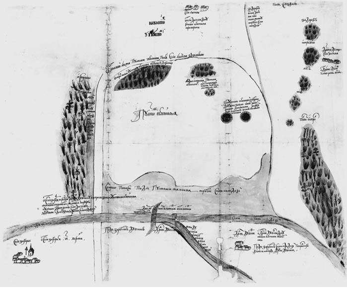 Рис. 2.5. РГАДА. Ф. 1209. Юрьев-Польский. Стб. 34253. Ч. 1. Л. 132. Копия 1672 г. Карта земель вдоль реки Семь Колодезей. Составителем карты был местный землевладелец Андрей Селезнев, отставной дворянин, и его труд свидетельствует о знании местности. Помимо искусно вычерченных деревень, включая церковь с остроконечным куполом и необычную, тщательно исполненную, отдельно стоящую колокольню в городке Загорье, в нижнем левом углу разъясняется, что в «двух ямах великих» (темные круги справа от центра) растет малина и крапива, а вокруг ям находятся пашни Тяпковой пустоши. Карта ориентирована на восток, и вверху, слева от небольшого села Лычево, каллиграфическими буквами написано: «на восток у пустоши».