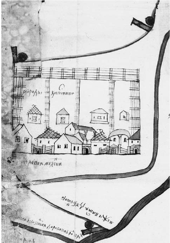 Рис. 2.11. РГАДА. Ф. 1209. Муром. Стб. 36717. Л. 37. Фрагмент изображения огороженной деревни Меленки. Дома с огородами и капустными грядками