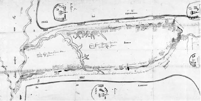 Рис. 3.1. РГАДА. Ф. 1209. Суздаль. Стб. 27955. Ч. 2. Л. 184a (окрашен). Этот чертеж 1688 или 1689 года отражает спор между архиепископом Суздальским и Покровским монастырем в Суздале о разделе сенокосного луга, расположенного среди трех разветвляющихся рек — старой и новой Тумки и Уршмы. Один из оспариваемых сенных покосов расположен в центре карты. С другой стороны от среднего рукава реки темными буквами отмечено место «спорных сенных покосов по болоту». Местные варианты официальных названий и показания крестьян приведены вдоль всех границ и урочищ.