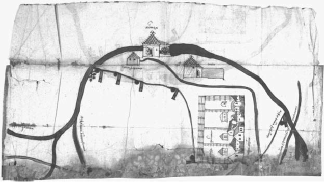 Рис. 3.5. РГАДА. Ф. 1209. Муром. Стлб. 36717. Л. 37. Этот чертеж, нарисованный местным воеводой или по его приказу, отражает спор между городом Кашиным и соседним Дмитровым монастырем. На чертеже показаны межевые ямы и столбы. На каждом столбе — грань (знак X