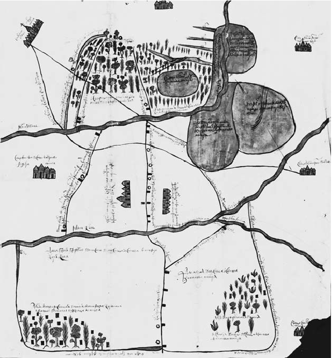 Рис. 3.6. РГАДА. Ф. 1209. Юрьев-Польский. Стлб. 34226. Ч. 3. Л. 429 (1685). Вторая карта того же места. На этом чертеже Федора Домашнева показаны! ямы и столбы и указано, что они были установлены как «писцовая межа князя Григория Шеховского». Скромное имение Корякина стоит слева от граничной линии; земли, принадлежащие монастырю, находятся справа от нее. Река Кисть проходит горизонтально чуть ниже середины карты; выше на странице вьется и уходит вверх река Любань. Участки пустоши Михейково изображены! в виде темных кругов в верхней правой части, все еще приписываемые соответственно монастырю и Корякину