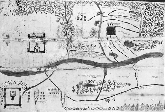 Рис. 3.10. РГАДА. Ф. 1209. Кашира. Стб. 25720. Ч. 2. Л. 245—246 (1689). В деле «Кашира против Свято-Троицкого Белопесоцкого монастыря» Полуэкт, священник городской церкви Косьмы и Демьяна, подал иск от имени горожан, а также составил и подписал чертеж.