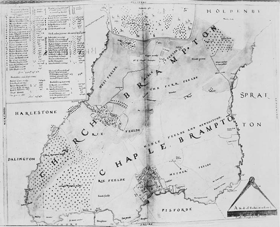 Рис. 3.24. Деревни Черч Брэмптон и Чепл Брэмптон. Harvard Map Collection. Mt 180.1929 pf, 1. Нортгемптоншир, 1580—1797. Английские общие поля. Фоторепродукции. Со списками арендаторов и их долгов.