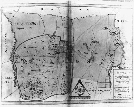 Рис. 3.25. Карта поместья Холденби, составленная в 1587 г. Harvard Map Collection. Mt 180.1929 (3). Изображения элегантных господских домов и прихотливых декоративных садов на этих английских картах поддерживали легитимность притязаний землевладельца и служили тем же наглядным целям, которым служили герб губернатора Веста и дома московских крестьян.