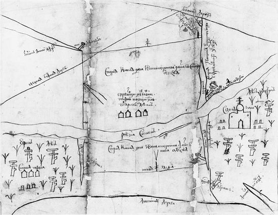 Рис. 4.4. РГАДА. Ф. 1209. Елец—Ефремов. Стб. 23829. Ч. 7. Л. 2 (1688). Этот грубый набросок отражает дело о спорном земельном владении, которое в итоге было объединено с расследованием нападения и убийства. Дело касалось поселения, указанного в центре чертежей — группы домов над рекой, столь различно нарисованных на двух вариантах карты. На черновом наброске особенно поражают похожие на православные кресты контуры, обозначающие деревья. На окончательном варианте (вклейка 15) мы видим, что они превратились в деревья.