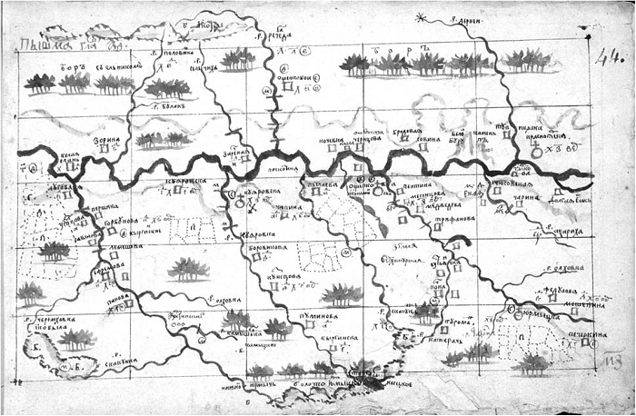 Рис. 5.12. Поля, отмеченные на карте Сибири. Хорографическая книга. Л. 44. С разрешения Библиотеки Хоутона, Гарвардский университет. Одно из многих заданий Ремезова состояло в распределении и межевании сельскохозяйственных угодий для русских крестьян и ясачных людей рядом с Тобольском и другими сибирскими городами. На нескольких картах он обозначил сельскохозяйственные участки, начертив небольшие геометрические фигуры пунктирными линиям, часто красными чернилами.