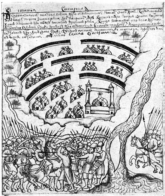 Рис. 7.1. Ремезов С. У. Краткая сибирская летопись. Ст. 16. В своей «Летописи» Ремезов проводит различия между жилищами различных народов; здесь мы видим шатры татарского поселения Кызл-Тура.