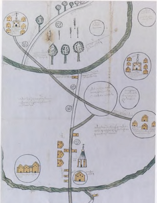 4.РГАДА. Ф. 1209. Юрьев-Польский. Стлб. 34226. Ч. 2. Л. 214. Эту карту начертил Адреян Парфеньев в 1674 г. На ней изображена земля, ставшая предметом спора между Никифором Корякиным и Даниловым монастырем в Переславле-Залесском. Справа от дороги стоит часовня. На другой стороне дороги - усадьба Никифора Корякина, заключенная в окружность. Спор идет о различных частях пустоши Михейково и роще под названием Тетюрка, относящейся к деревне Исакове. Михейково изображено в виде двух кругов без построек выше центра карты, справа, а лес Тетюрка не обозначен на карте. Ряд из трех домов обозначен «дворы крестьянские»; дом в круге через дорогу подписан «двор Данилова монастыря».