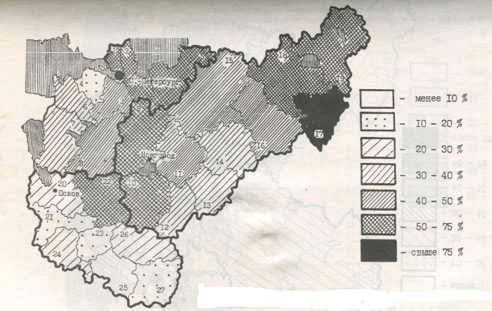 Рис.2. Доля крестьян, состоявших на оброке, в уездах северо-западных губерний (в % от общего числа крепостных).